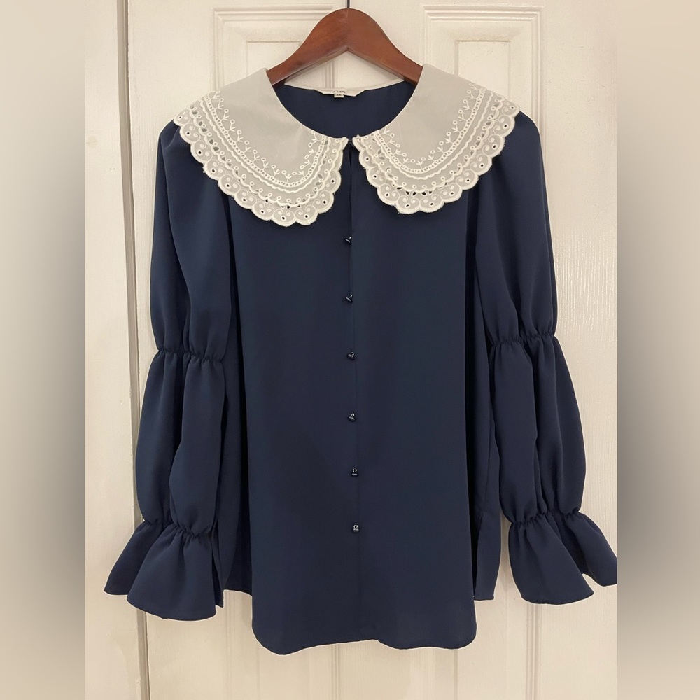 Navy Blue Women's Top with White Collar